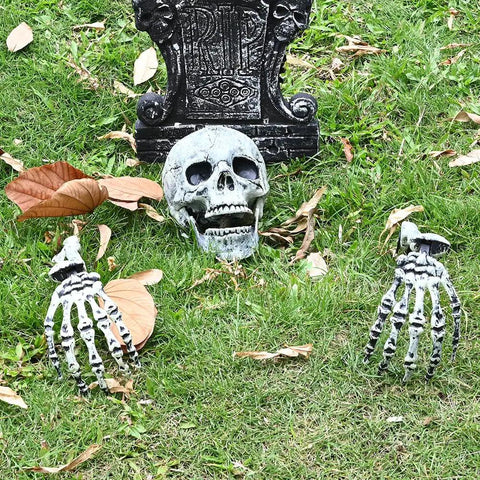 Realistic Halloween Skeleton Stakes Kit With Skull And Arm Props For Outdoor Yard Lawn Decor Groundbreaker Spooky Graveyard Party Supplies No Assembly Required Black Crack Skeleton Decor on grass with tombstone backdrop.