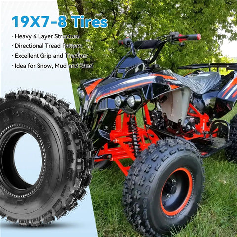 19x7-8 Mini Bike Tires Replacement Set Of 2 For ATVs Go Karts UTVs And Quad Bikes Compatible in front of an ATV