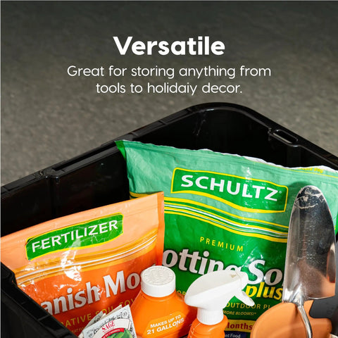 Close-up of gardening supplies inside Two Pack 27 Gallon Heavy Duty Storage Bins With Lockable Lids For Truck Bed Organization.
