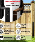 Heavy Duty Fence Post Repair Kit With Steel Ground Spike For Fixing Tilted Or Broken Wood Posts Double Leg Design Rust Resistant Powder Coated Finish Set Of 2 shown next to a wooden fence with waterproof and rustproof features highlighted.