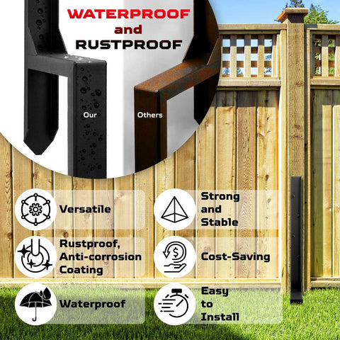 Heavy Duty Fence Post Repair Kit With Steel Ground Spike For Fixing Tilted Or Broken Wood Posts Double Leg Design Rust Resistant Powder Coated Finish Set Of 2 shown next to a wooden fence with waterproof and rustproof features highlighted.