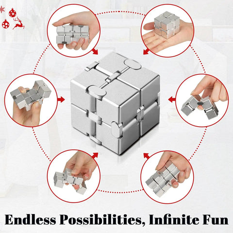 Infinity Cube Fidget Desk Accessory For Adults All Day Focus Tool with Premium Aluminum Alloy, shown in hand views.