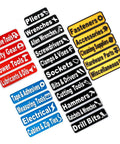 Magnetic Tool Box Label Kit 24 Pack With 3D Printed Magnetic Backing, Color Coded System showing labels in black, red, blue, yellow