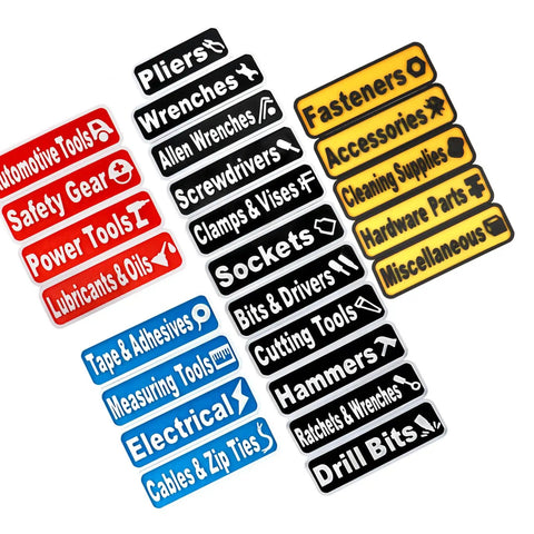 Magnetic Tool Box Label Kit 24 Pack With 3D Printed Magnetic Backing, Color Coded System showing labels in black, red, blue, yellow