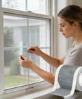 Woman applying Cuttable Window Screen Repair Tape For Holes And Tears, Weather Resistant And Long Lasting Mesh Patch to window screen