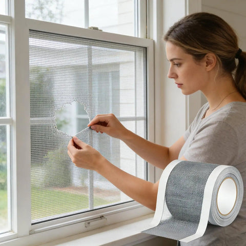 Woman applying Cuttable Window Screen Repair Tape For Holes And Tears, Weather Resistant And Long Lasting Mesh Patch to window screen