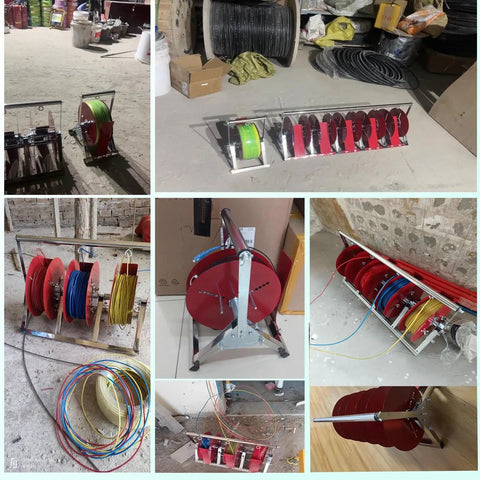 Multi Reel Electrical Wire Dispenser With Plastic Spool And Foldable Portable Cable Caddy For Industrial Warehouses, 5 Reel Capacity shown with wires.