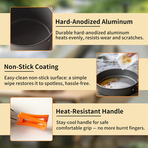 Collapsible Camping Cookware Set With Nonstick Pots, Pans, And Kettle For 2-4 People - Hard-Anodized Aluminum, nonstick surface
