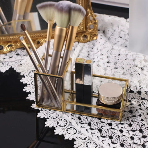 Gold Glass Business Card Holder With Pen And Pencil Tray Desktop Display Stand For Office Organization with makeup brushes.