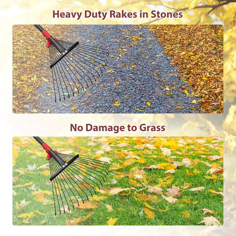 Adjustable Metal Leaf Rake With 18 Tines And 9 To 18 Inch Expandable Head 76 Inch Long Handle Yard Rake for leaves on gravel and grass