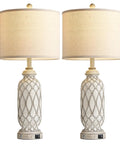 Rustic Farmhouse Table Lamps Set Of 2 For Bedroom And Living Room, 28 Inch Bedside Lamps With USB Ports, 3 Way Dimmable Nightstand Lighting, Linen Drum Shade, Must Have Bulbs Included shown in closeup with linen drum shades and ornate bases.