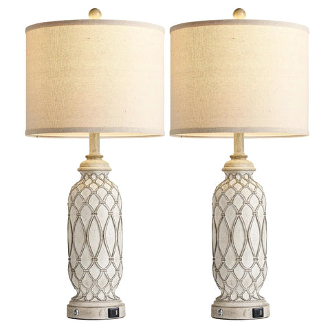 Rustic Farmhouse Table Lamps Set Of 2 For Bedroom And Living Room, 28 Inch Bedside Lamps With USB Ports, 3 Way Dimmable Nightstand Lighting, Linen Drum Shade, Must Have Bulbs Included shown in closeup with linen drum shades and ornate bases.