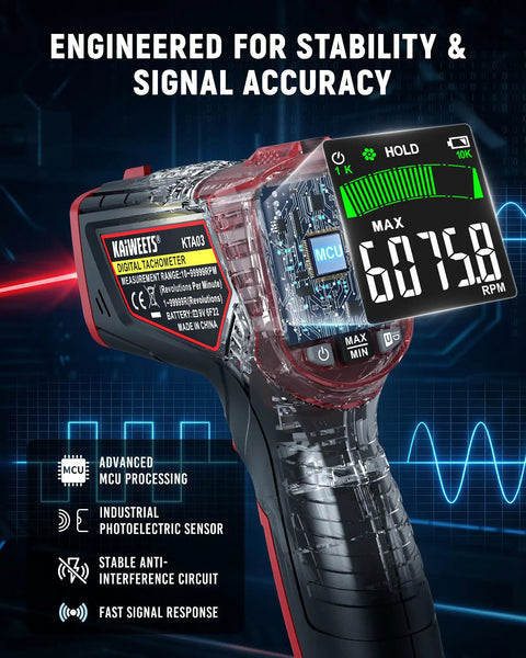 Non Contact Laser Tachometer RPM Meter For Engines And Motors, Handheld Tachometer With Large LCD Display, Measures 10 To 99,999 RPM, High Resolution, Max Min Memory, Reflective Tape Included, Great For Fans And Belts; front view