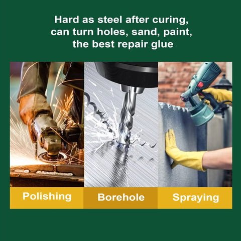 Images showing polishing, borehole drilling, and spraying for Heavy Duty Metal Repair Glue Epoxy For High Heat Bonding, All Purpose Metal Epoxy