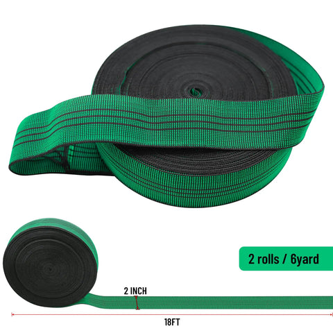 Heavy Duty Elastic Webbing Strap Two Pack Rock Solid Replaceable Belt For Couch And Lawn Chair Fix Up Weather Proof Stretchy Upholstery Support Each Six Yards Long, 2 inch wide, 6 yards long rolls.