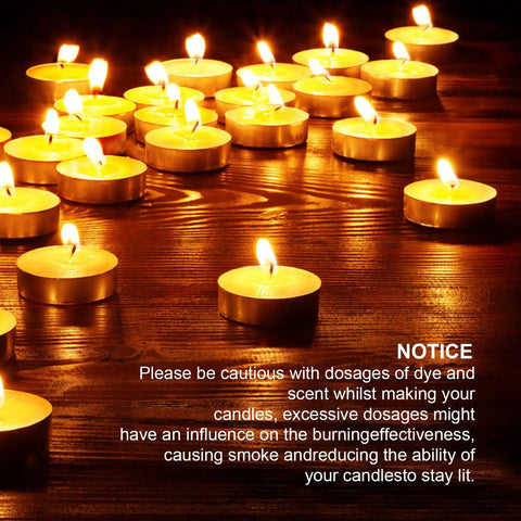 Burning tea lights on wood surface with a caution notice, related to All In One Candle Making Kit With 100 Six Inch Cotton Wicks 30 Sticker Sets.
