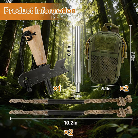 Go To Fire Starter Kit For Hiking And Camping with magnesium rod ferro rod, steel striker, blowpipe, wicks, bag, forest background