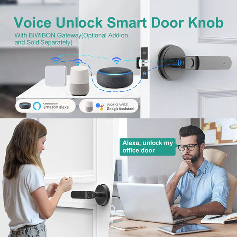 Image of Dope Smart Fingerprint Door Lock with Biometric Access, Black Finish, shown with app voice control via Alexa.
