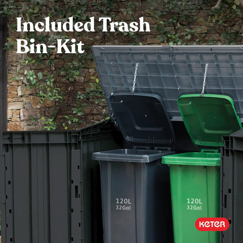 Open Store It Out Prime Outdoor Resin Storage Shed With Easy Lift Hinges showing two 32-gallon trash cans inside