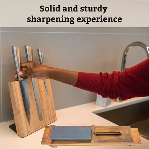 Sink Mounted Whetstone Holder For Easy Knife Sharpening No Mess Over The Sink, Warm Acacia Wood, shown on kitchen counter