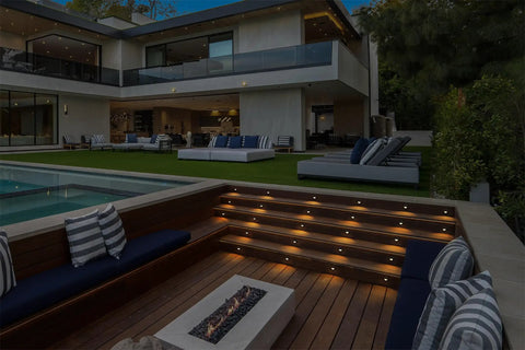 Outdoor stairs with 12 Pack Recessed Low Voltage LED Step Lights For Deck Stairs And Posts, 1 Inch Mini Size, 3000K Warm White, Die Cast Aluminum