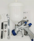 LVMP Spray Gun Pro Grade Workhorse With 1.3mm Tip And 600ml Cup Feed, Ergonomic Handle, tools and accessories displayed.