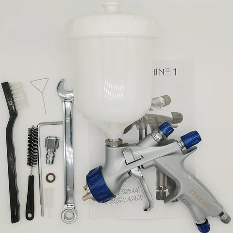 LVMP Spray Gun Pro Grade Workhorse With 1.3mm Tip And 600ml Cup Feed, Ergonomic Handle, tools and accessories displayed.