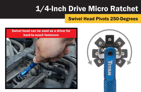 Quarter Inch Drive Swivel Head Micro Ratchet With Ninety Tooth Reversible Mechanism Four Inch Handle Chrome Vanadium Head Anodized Blue