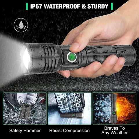 Hand holding Go To Pocket Size Tactical Flashlight With 8000 Lumens XHP50.2 LED showing water resistance and rugged design