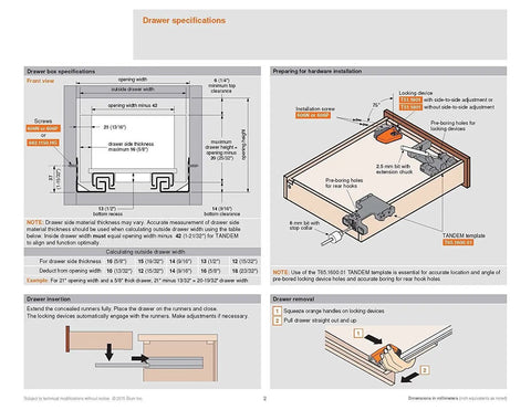 Specifications for Go-To 15 Inch Tandem Drawer Slide Kit With Soft Close, Whisper Quiet Action, diagrams and installation guide.