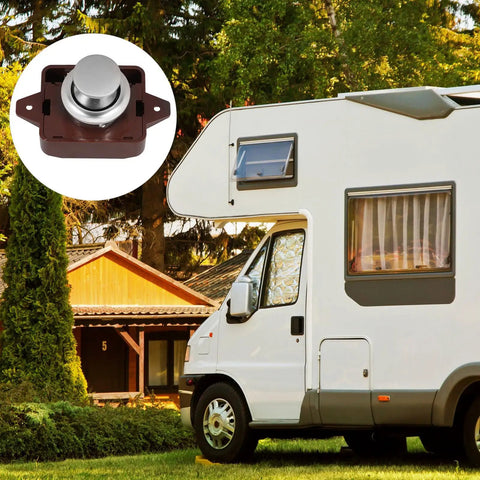 One Button Push Cabinet Latch Lock For Storage Drawers And Cabinets, Heavy Duty Zinc Alloy And ABS Construction, shown with camper