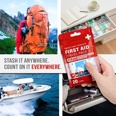 EVERLIT CARE Travel First Aid Pack, red water-resistant pouch containing 20 items.