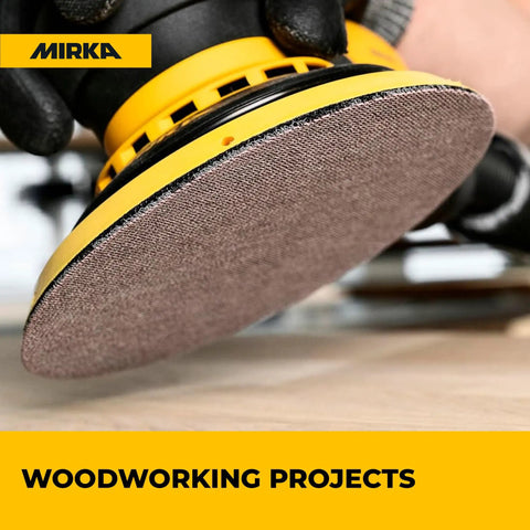 6 Inch Dust Free Sanding Discs For Orbital Sanders With Hook And Loop Mesh Pads in use on woodworking project, close-up.