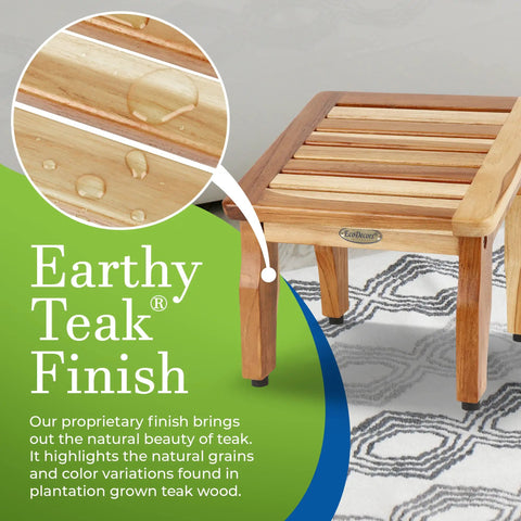 Teak Shower Stool For Shaving, 12 Inch Compact Foot Stool with earthy finish on patterned rug, highlighting water resistance.