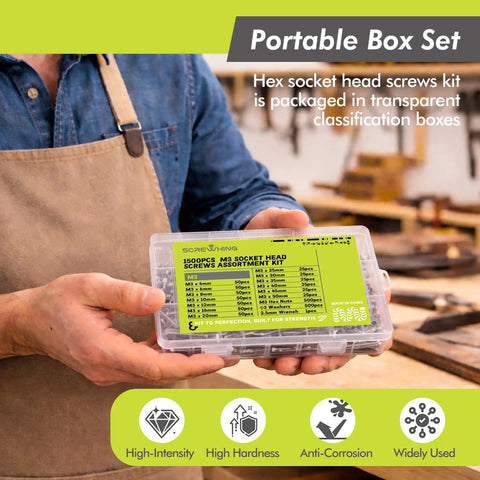 Person holding Massive 1500 Piece M3 Hardware Kit With Hex Socket Cap Screws Nuts Washers And Allen Key Organizer Box.
