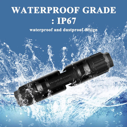 Solar Panel Connector Kit With 42 Piece Set Including 10 Pairs Male And Female Connectors, waterproof IP67 feature displayed.
