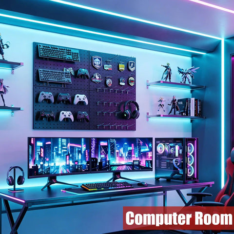 Heavy Duty Metal Pegboard Panels Four Pack With Fifty Hooks For Garage Workshop Office Or Craft Room Rust Resistant Steel Wall Organizer 16 By 12 Inches Tough As Nails Tool Storage For Workbench And More mounted in a modern computer room with gaming accessories.