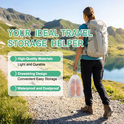 Person hiking with Large Waterproof Clear Drawstring Shoe Bags For Travel, A Dope Travel Gear That Keeps Your Shoes Organized, Portable Storage