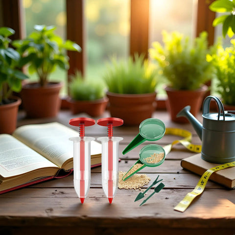 Six Piece Mini Seed Spreaders Set For Lawn And Garden on a wooden table with plants and gardening tools