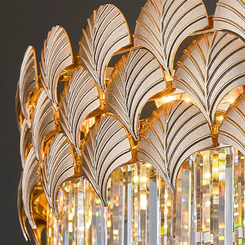 Close-up of Straight Up Luxe Crystal Wall Lamp For Modern Interiors Featuring top tier craftsmanship and metal leaf design.