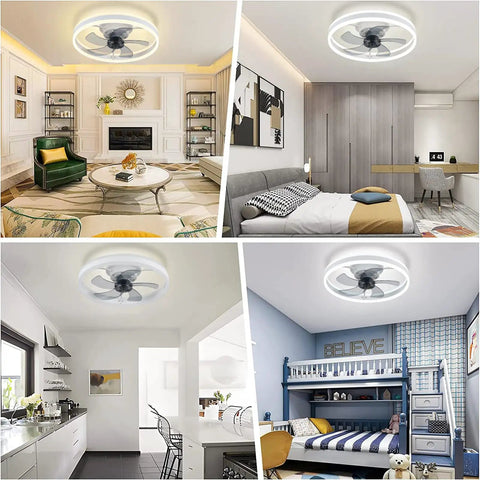 Modern Flush Mount Ceiling Fan With Lights White Remote And App Control 3 Color Dimmable Lighting in various rooms