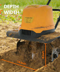 Beast Corded Garden Tiller Cultivator With Foldable Handle 14 Inch 12 Amp Motor in action on soil, showing 8-inch depth and 14-inch width