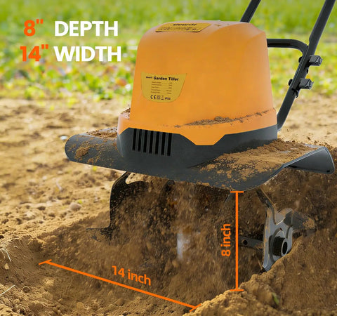 Beast Corded Garden Tiller Cultivator With Foldable Handle 14 Inch 12 Amp Motor in action on soil, showing 8-inch depth and 14-inch width