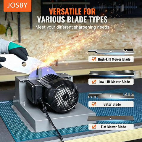Keep Your Lawn Sharp Without Any Sweat Using This Heavy Duty Bench Grinder Featuring A Rock Solid 500 Watt Motor And Tough Ceramic Cutting Discs For High Lift Low Lift And Flat Mower Blades in action sharpening mower blades.
