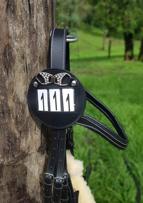 Genuine Leather Number Holders for Bridle or Saddle Pad Two Pack with Built in Clip Easy 3 Digit Change System Secure Attachment