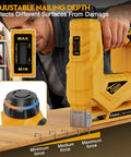 Compact 3 In 1 Cordless Staple Gun And 18 Gauge Brad Nailer Kit showing adjustable nailing depth settings for precision on wood.