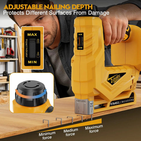Compact 3 In 1 Cordless Staple Gun And 18 Gauge Brad Nailer Kit showing adjustable nailing depth settings for precision on wood.