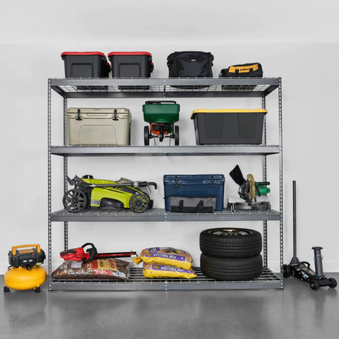 Boss Level Steel Garage Shelving Rack Featuring Four Adjustable Shelves Crushing Five Hundred Pounds Each Rugged Hammered Finish And Heavy Duty L Channel Beams Built Tough For Serious Storage Without The Hassle