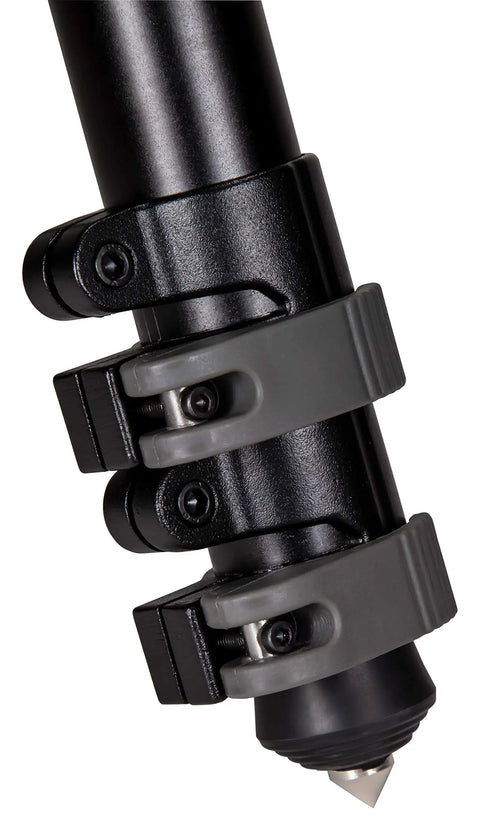 Close-up of the clamping head on the DeathGrip Aluminum Tripod With Durable, Lightweight Aluminum Frame For Hunting And Outdoors.
