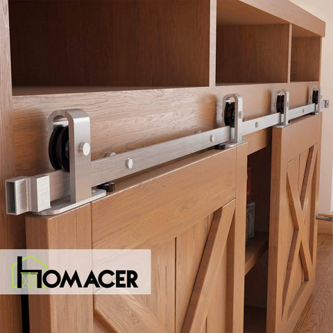 Mini Brushed Nickel Sliding Barn Door Hardware Kit For Double Doors With 60 Inch Flat Track And Bent T Shape Rollers Non Bypass Design Ideal